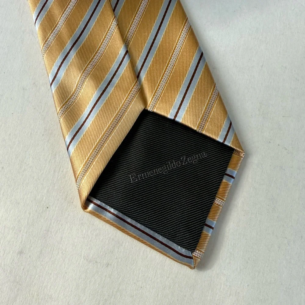 Ermenegildo Zegna Men’s Striped Silk Neck Tie Gold / Blue Designer Made In Italy